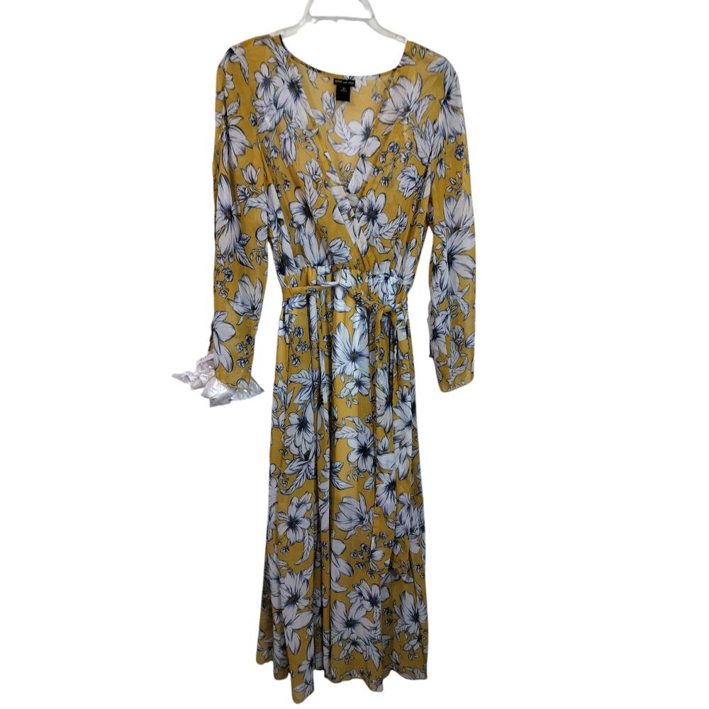 3889)Kate & Lily Yellow Floral Deep V Neck Long Sleeve Slit Summer Maxi Dress 10